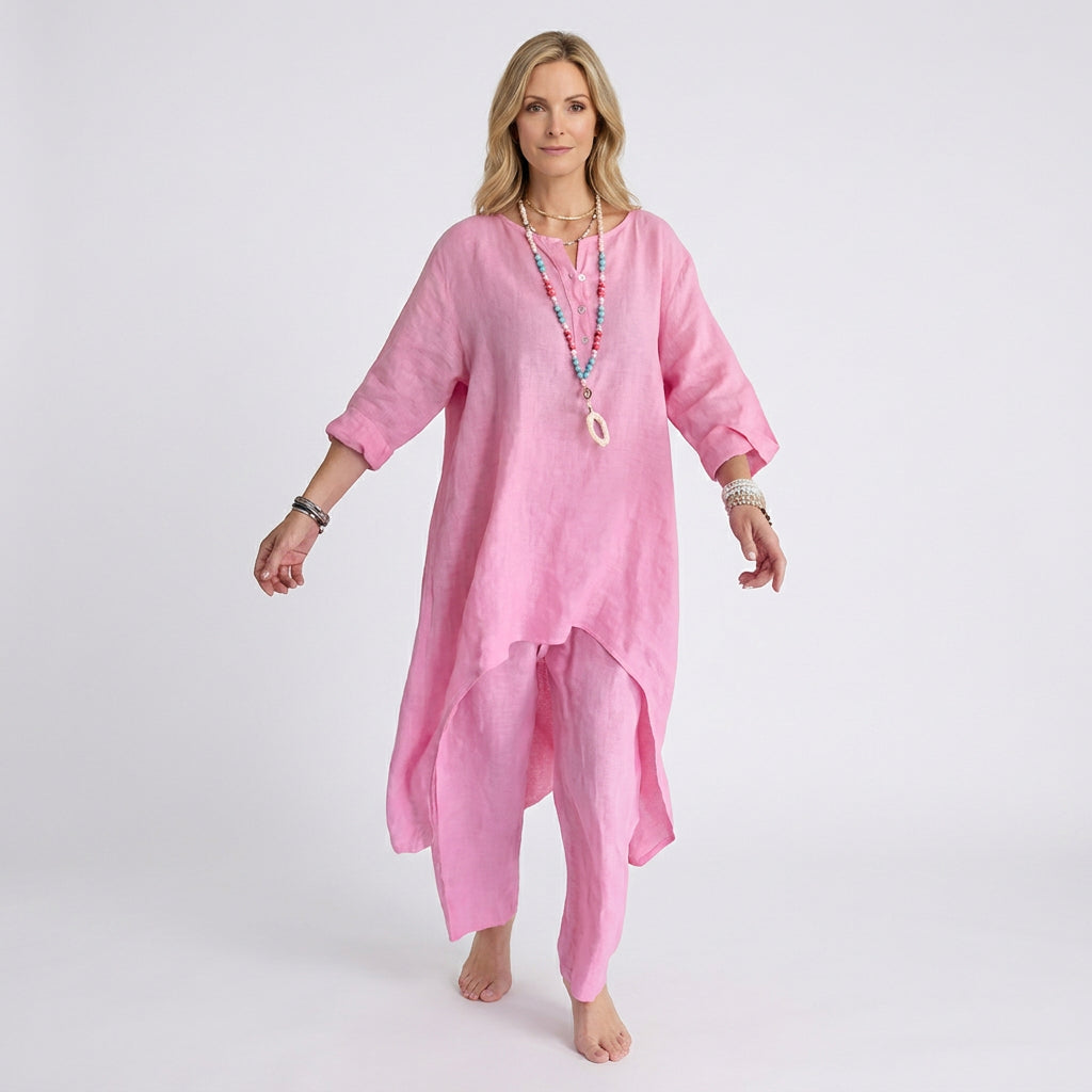 Women Two Piece Linen Set Long Tunic Top and Relaxed Pants Casual Everyday