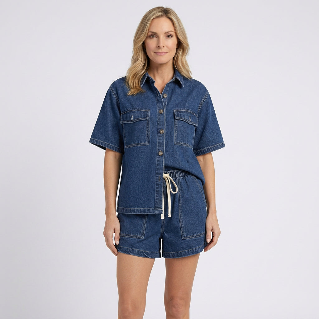 Women Denim Shirt and Shorts Set Casual Everyday Summer