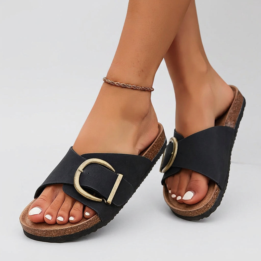 Women’s Buckle Slide Sandals Contoured Comfort Fit