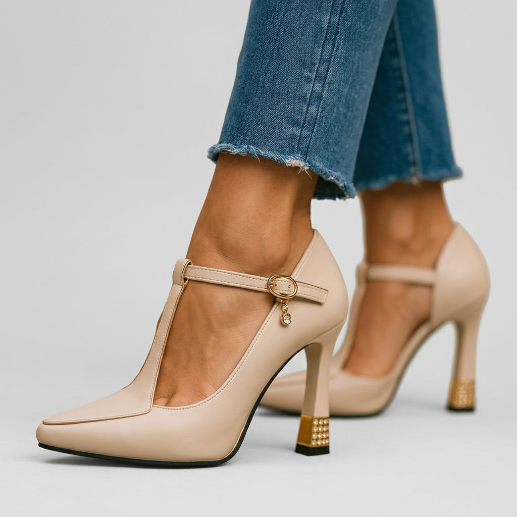Women’s T Strap Court Heels Pointed Toe Block Heel
