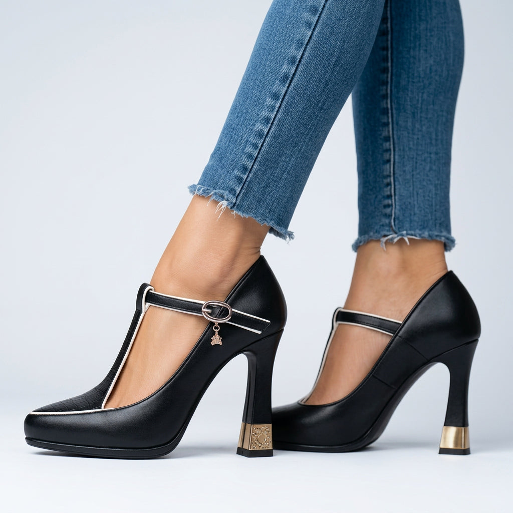 Women’s T Strap Court Heels Pointed Toe Block Heel