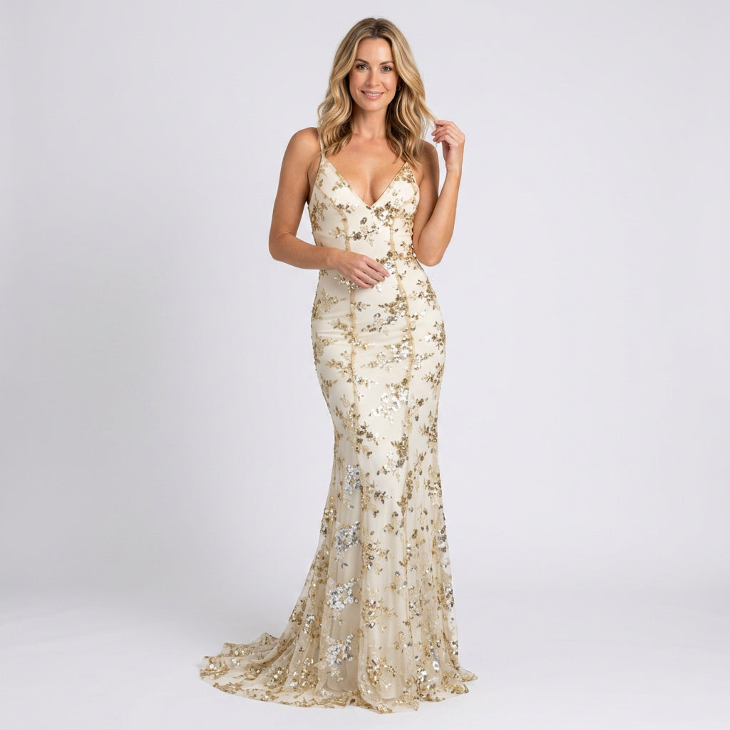 Women’s Sequin Maxi Evening Dress V Neck Fitted Silhouette