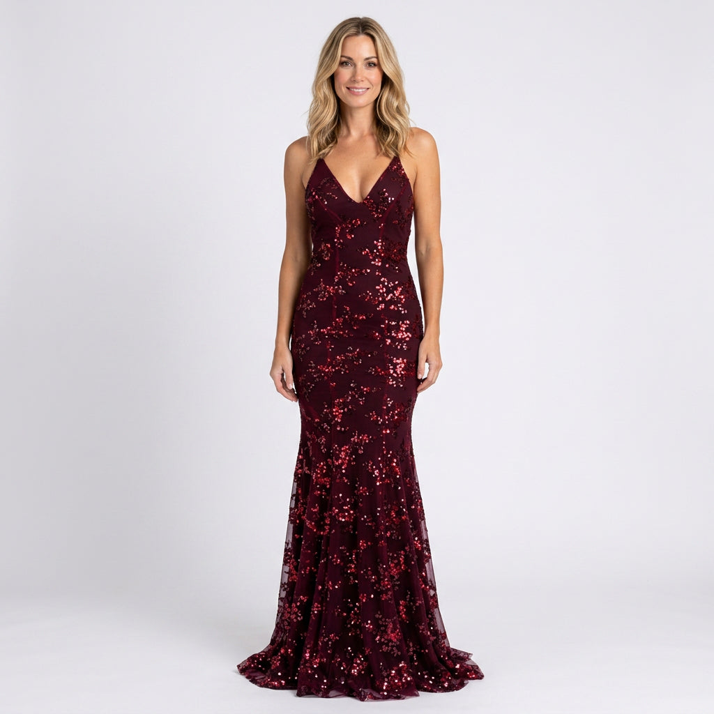 Women’s Sequin Maxi Evening Dress V Neck Fitted Silhouette