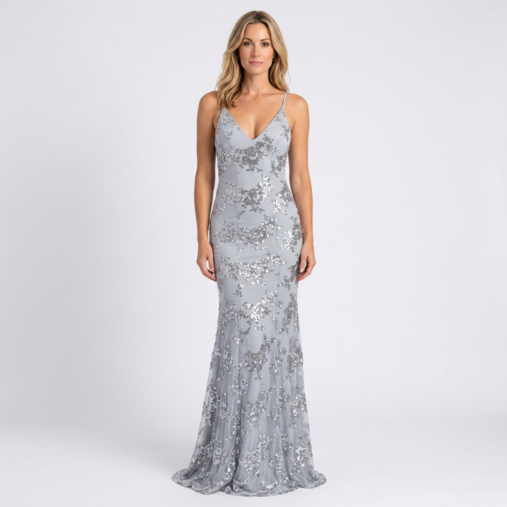 Women’s Sequin Maxi Evening Dress V Neck Fitted Silhouette