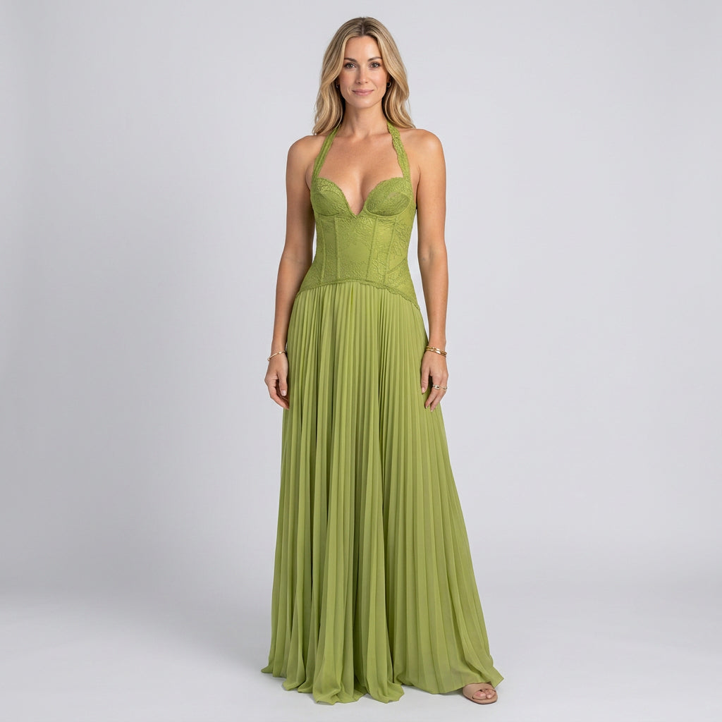 Women’s Pleated Maxi Evening Dress Halter Neck Tailored Fit