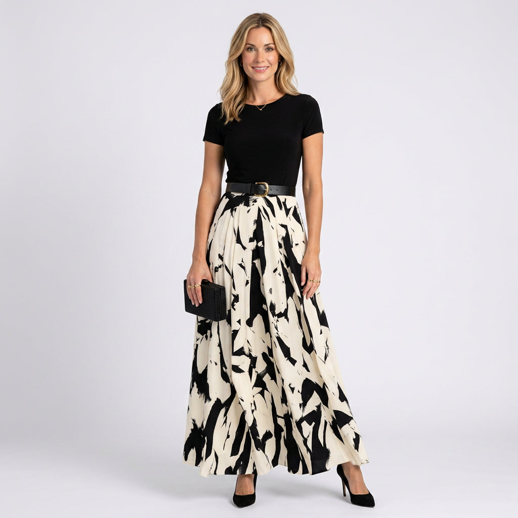 Women’s Abstract Print Maxi Dress Short Sleeve Defined Waist