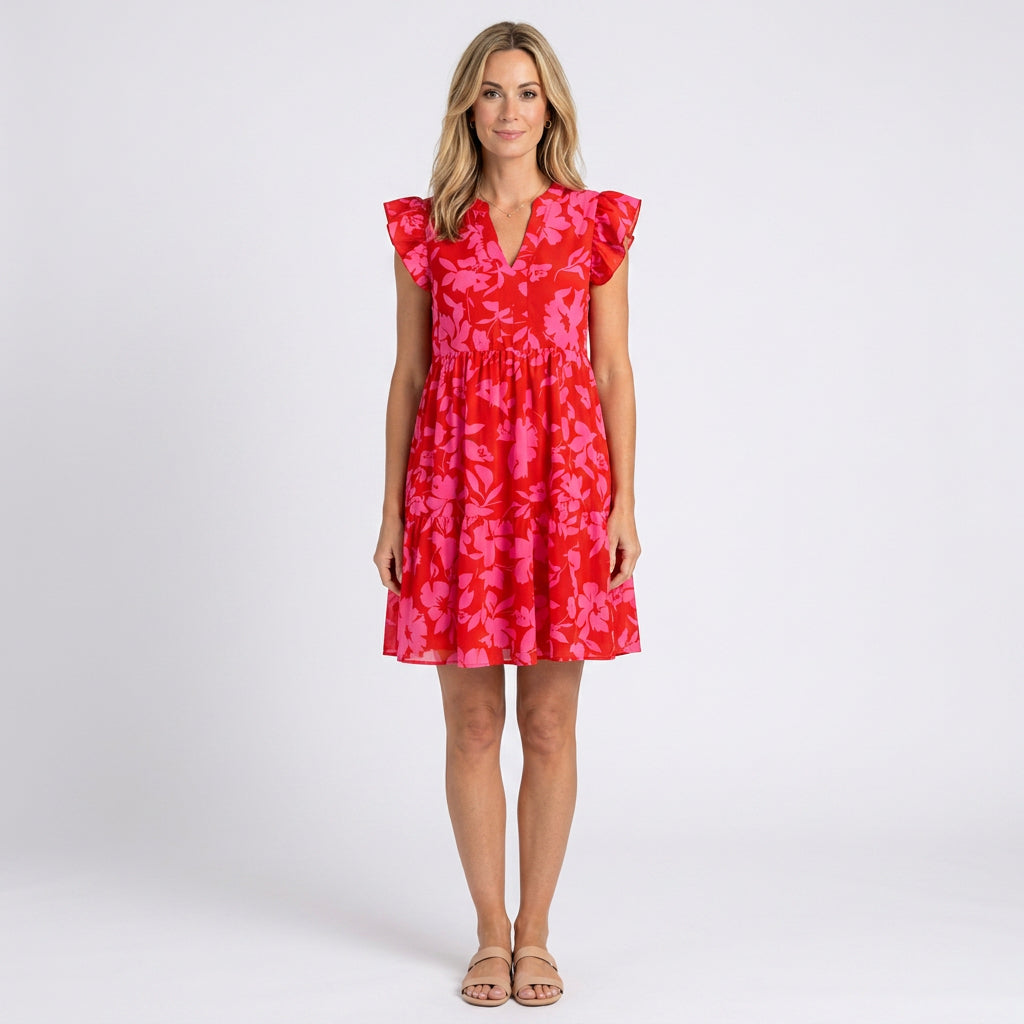 Women’s Floral Mini Dress V Neck Ruffle Sleeve Relaxed Fit