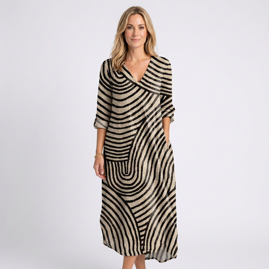 Women’s Abstract Print Maxi Dress V Neck Relaxed Fit