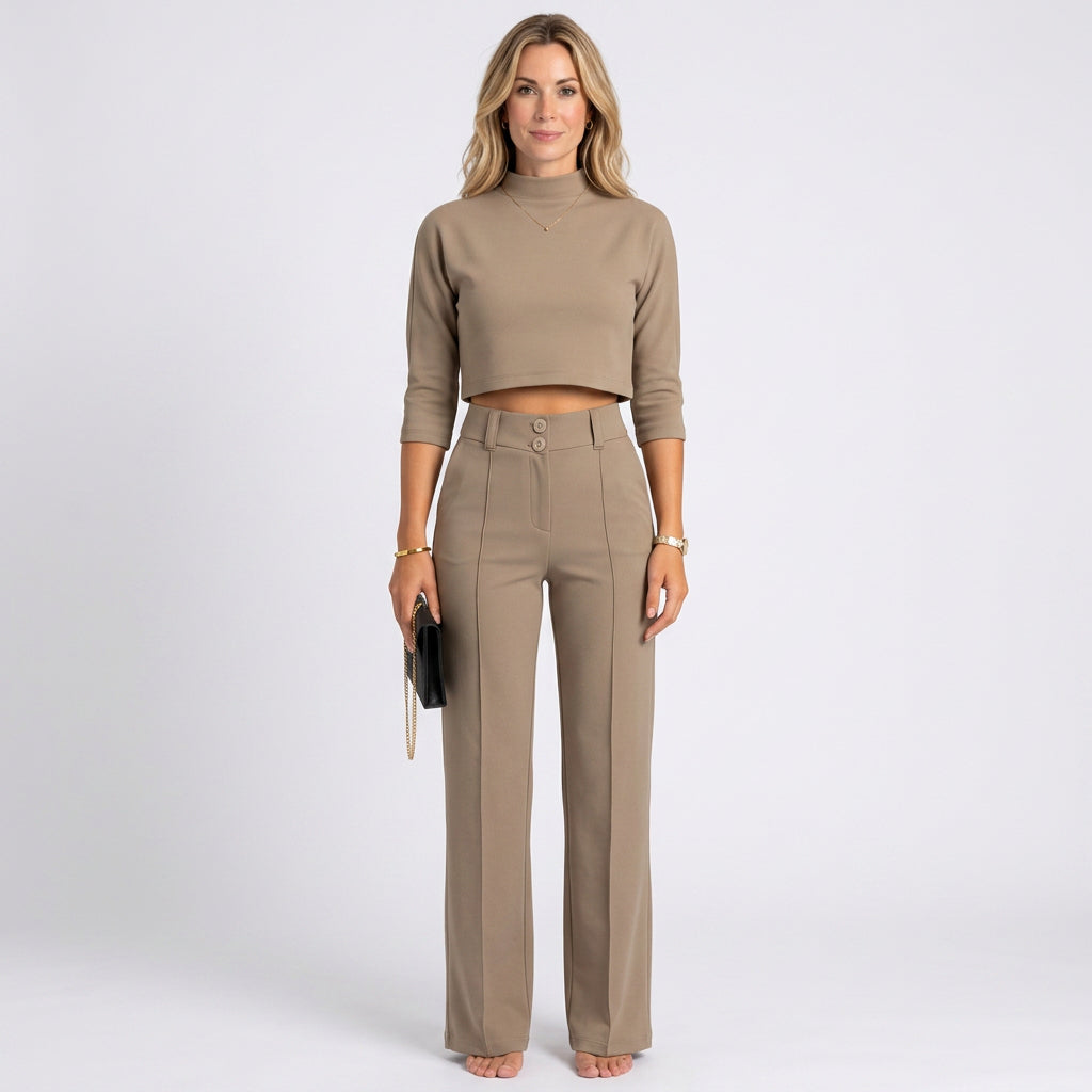 Women’s Two Piece Trouser Set High Neck Cropped Top