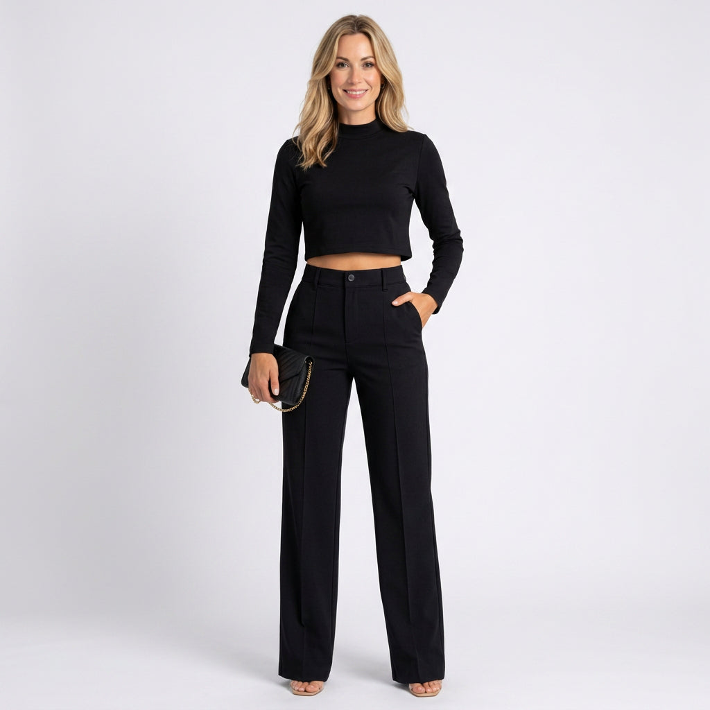 Women’s Two Piece Trouser Set High Neck Cropped Top