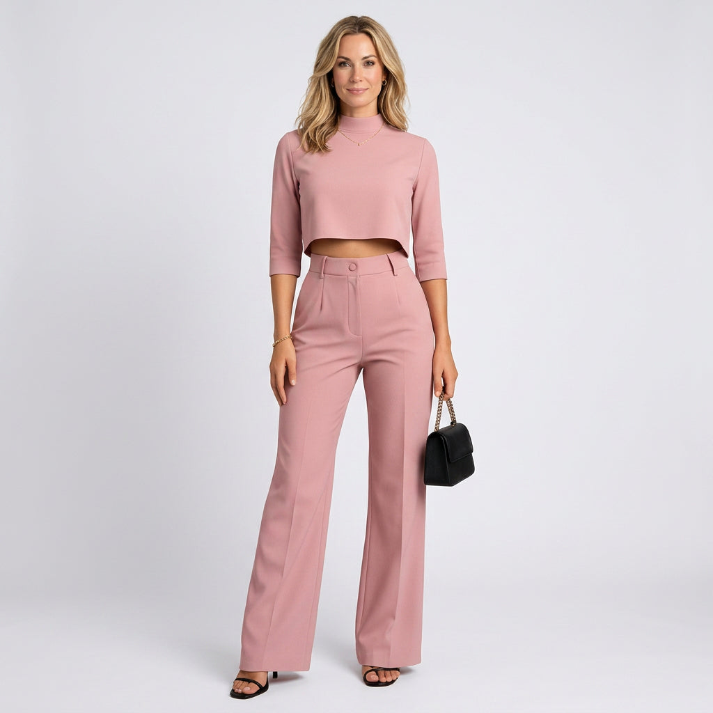 Women’s Two Piece Trouser Set High Neck Cropped Top
