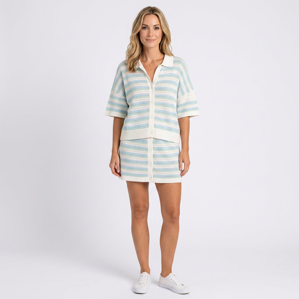Women’s Striped Knit Shorts Set Collared Relaxed Fit