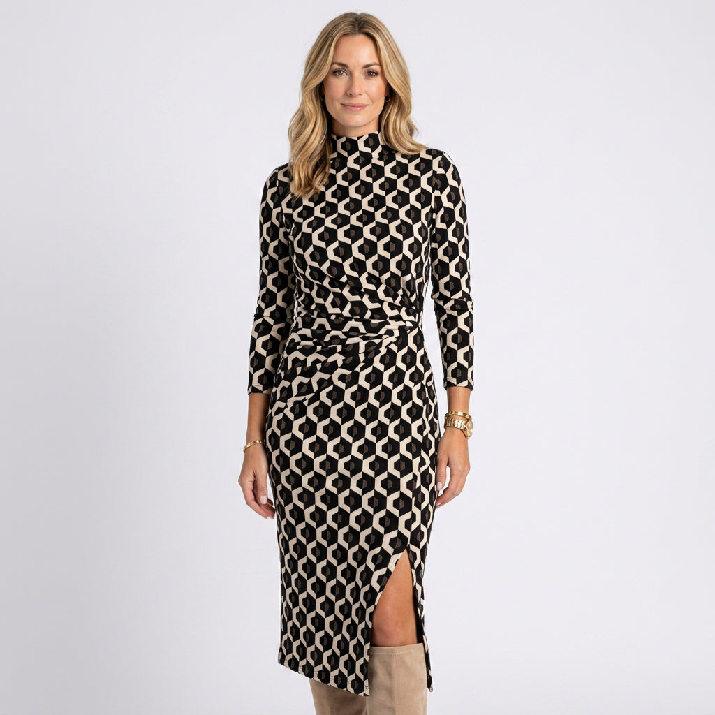 Women’s Geometric Print Midi Dress Long Sleeve Fitted Silhouette