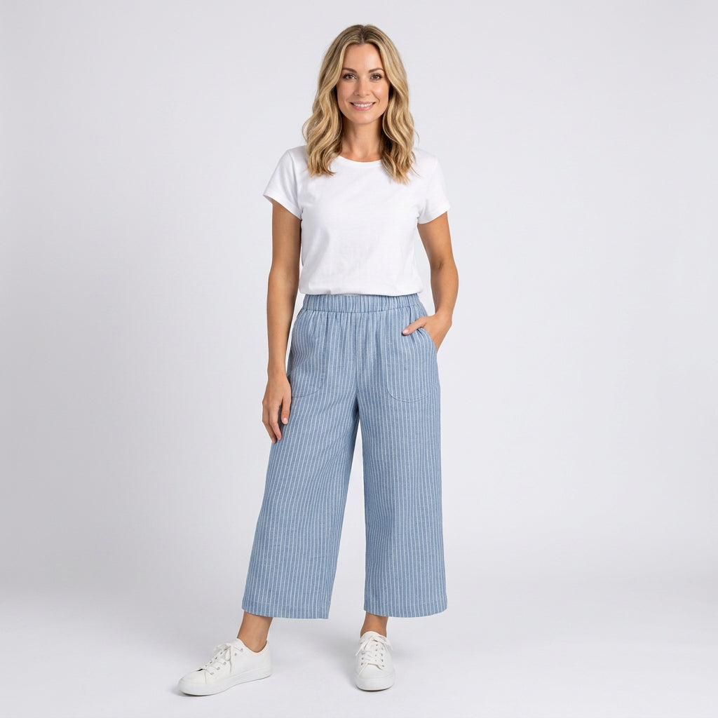 Women’s Striped Cropped Trousers Elastic Waist Relaxed Fit