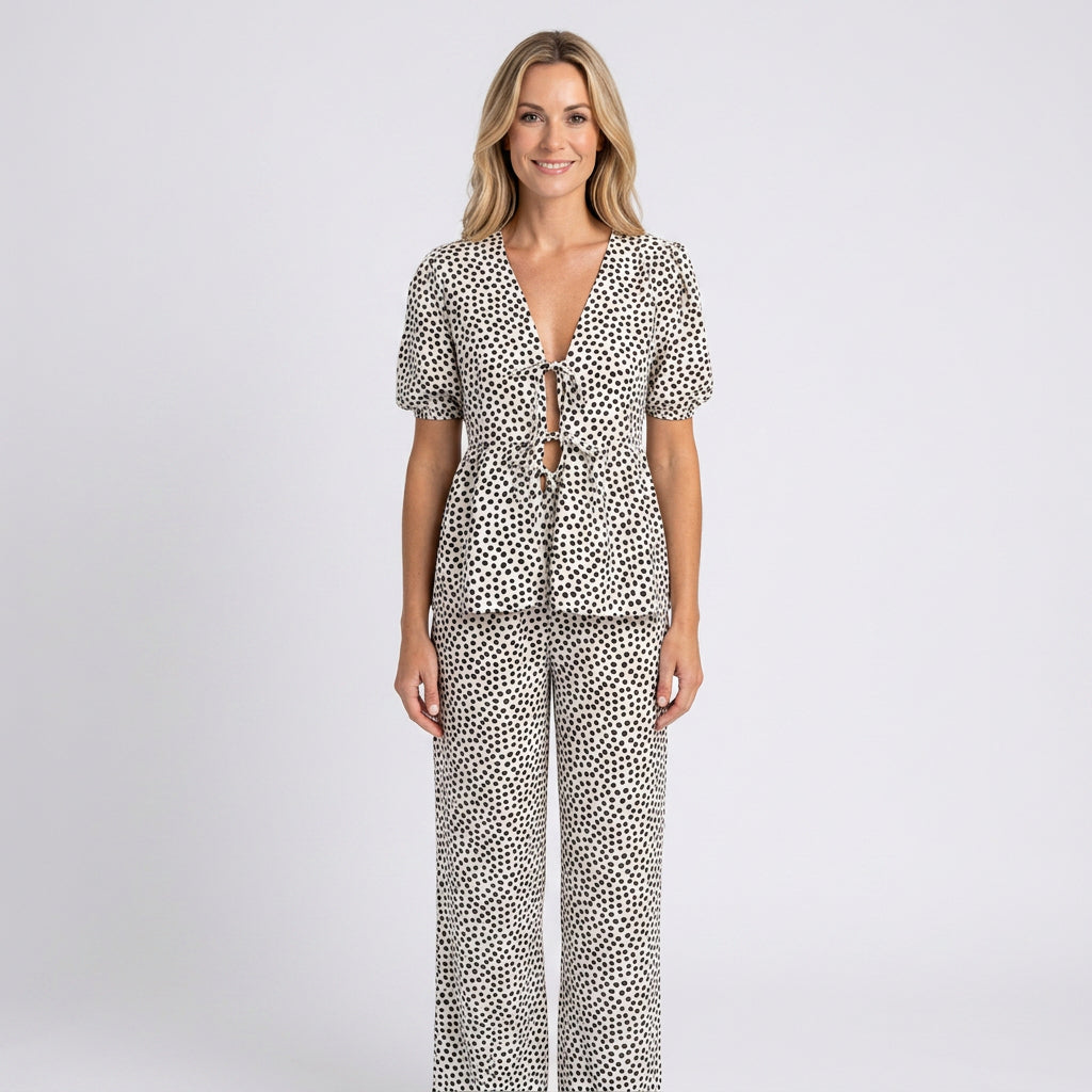 Women’s Printed Co Ord Set Puff Sleeve Top Wide Leg Trousers