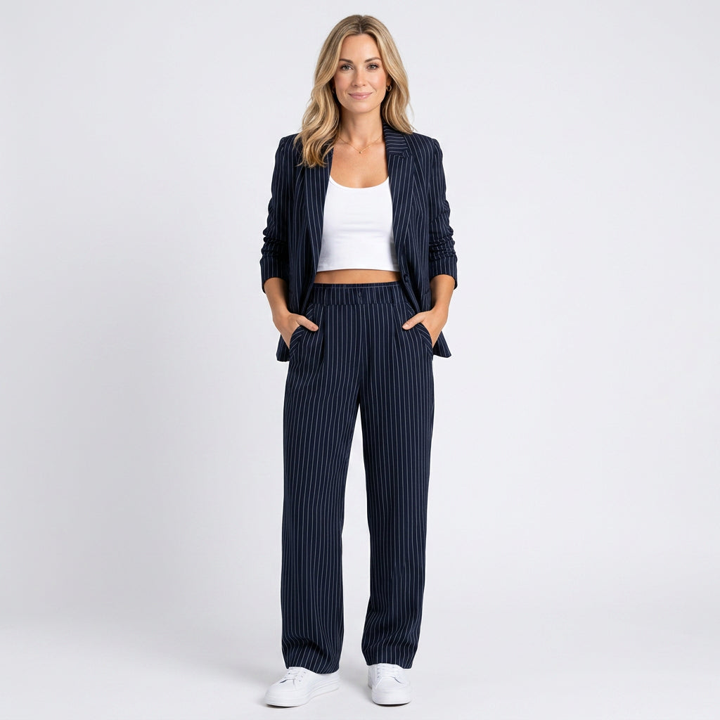 Women’s Pinstripe Blazer and Trousers Set Relaxed Tailored Fit