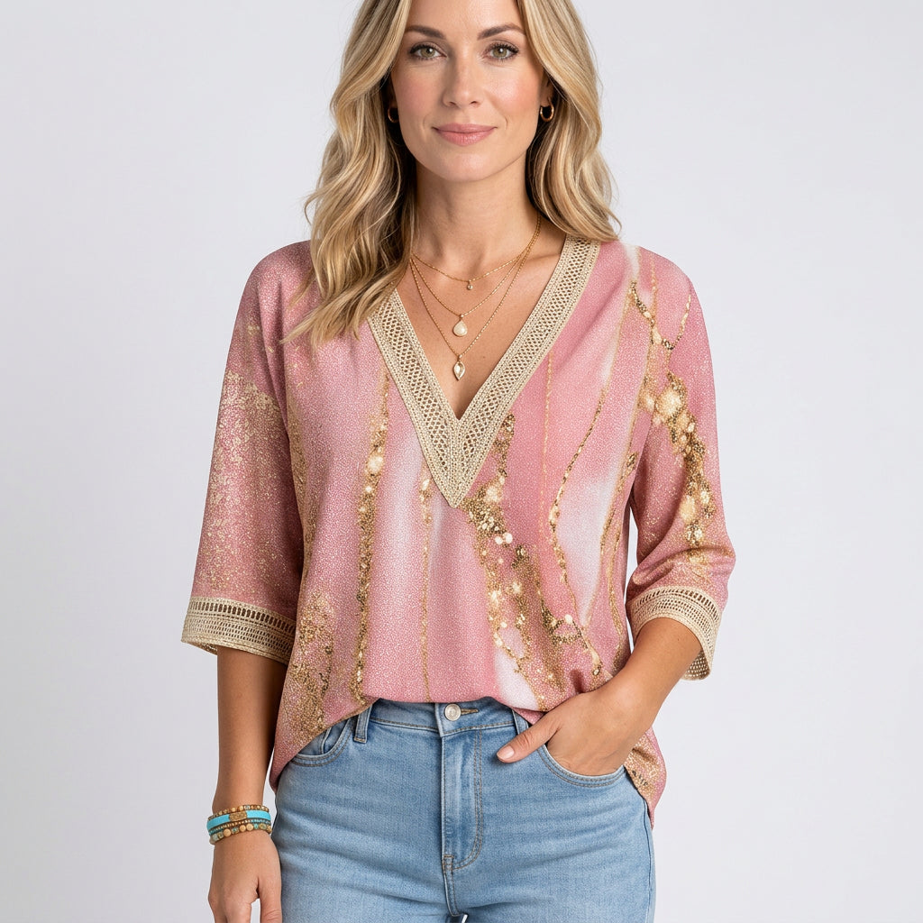 Women’s V Neck Blouse Lace Trim Relaxed Fit