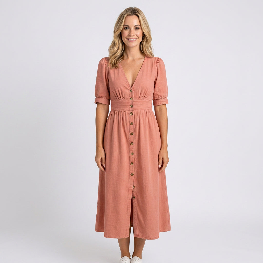 Women’s Denim Midi Dress Button Front Defined Waist