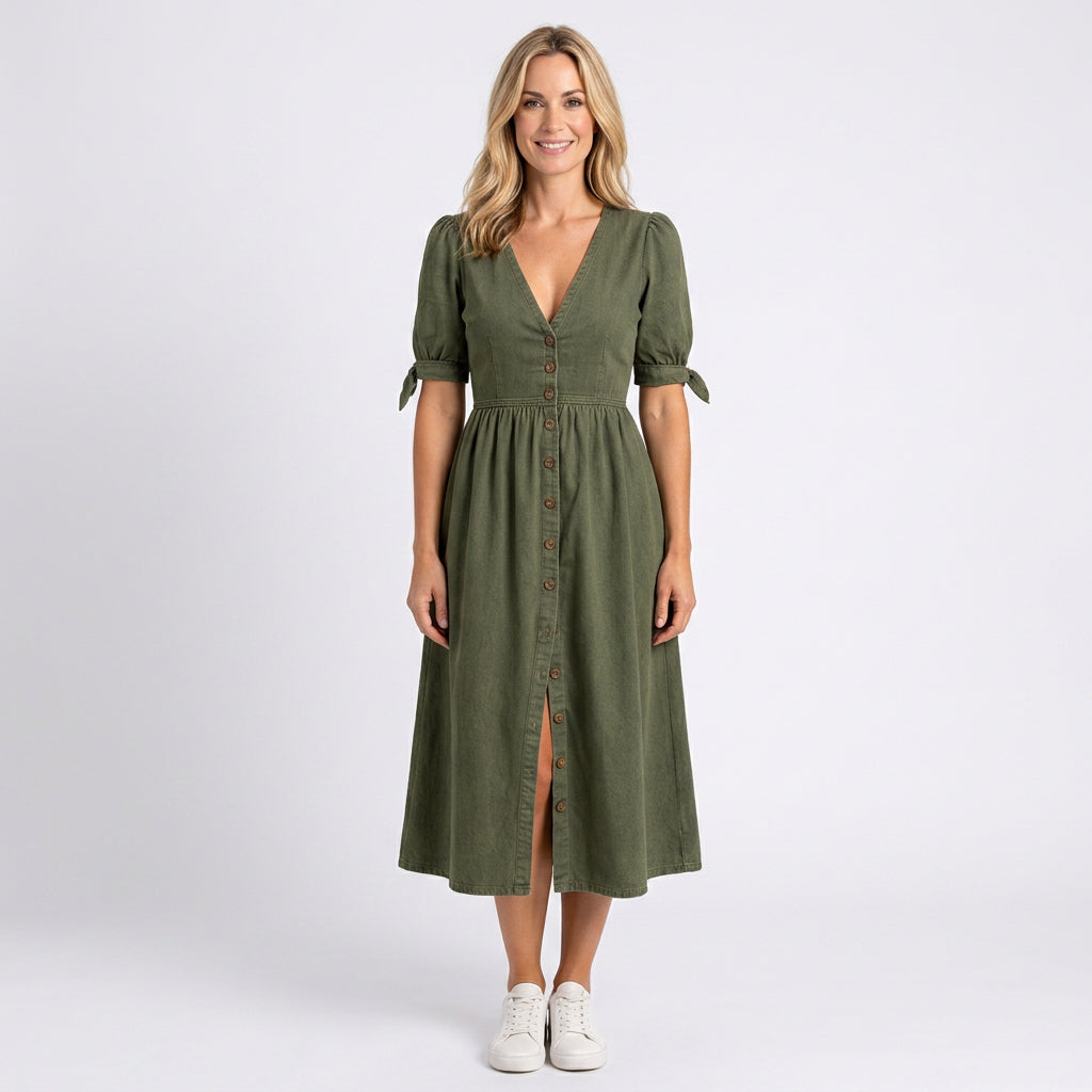 Women’s Denim Midi Dress Button Front Defined Waist