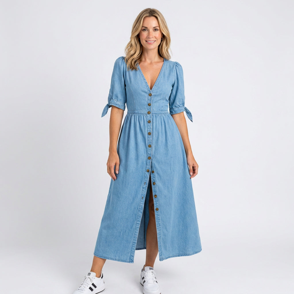 Women’s Denim Midi Dress Button Front Defined Waist