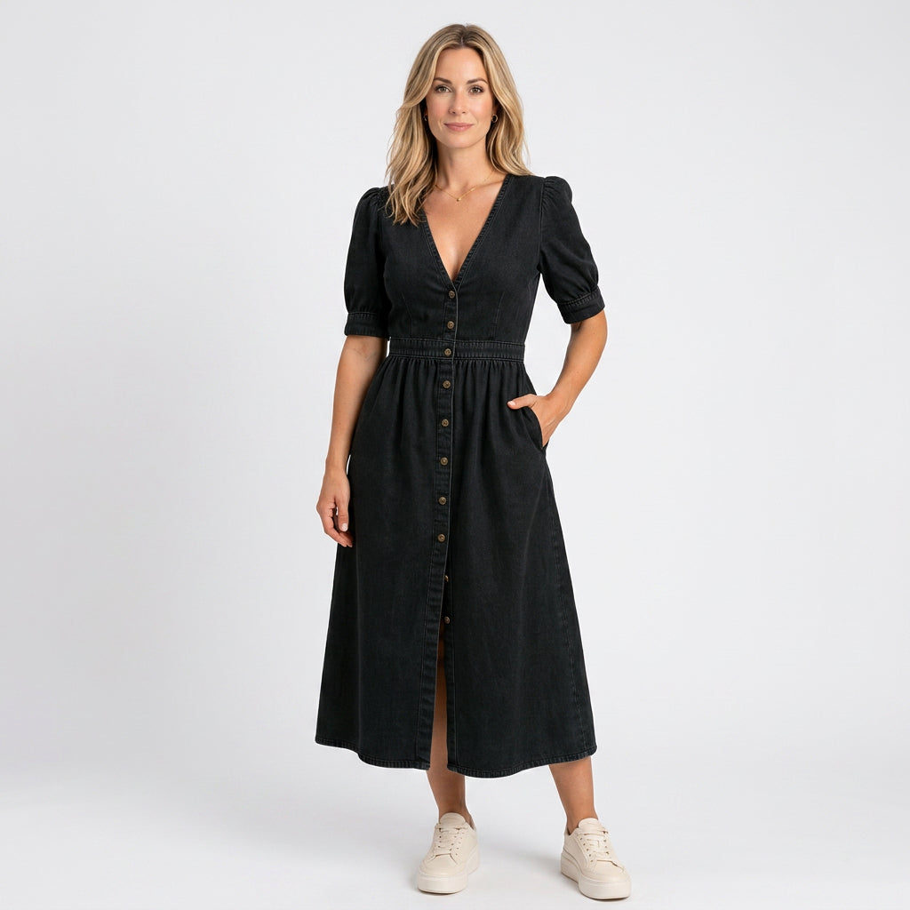 Women’s Denim Midi Dress Button Front Defined Waist