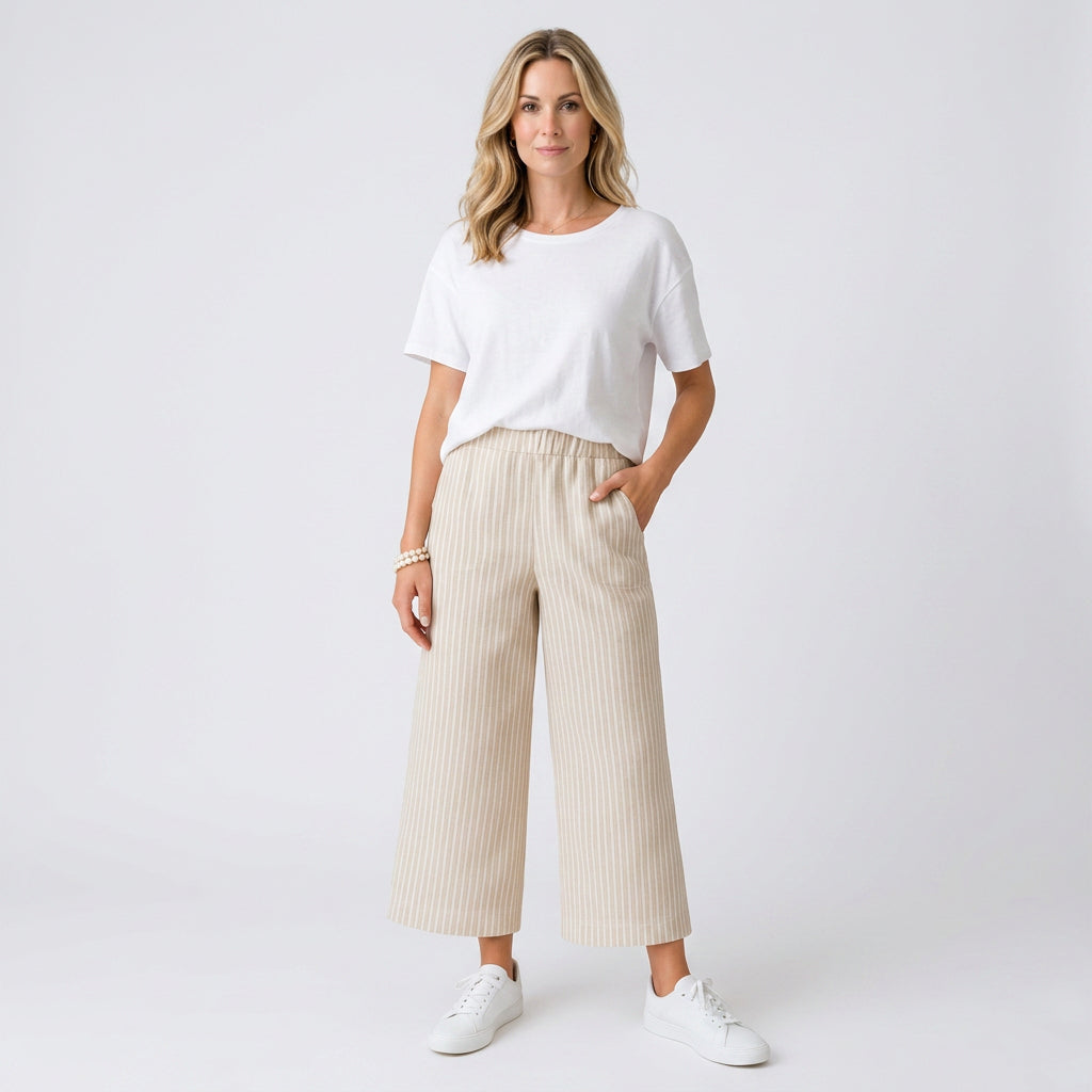 Women’s Striped Cropped Trousers Elastic Waist Relaxed Fit