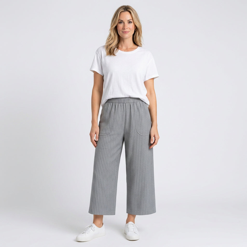 Women’s Striped Cropped Trousers Elastic Waist Relaxed Fit