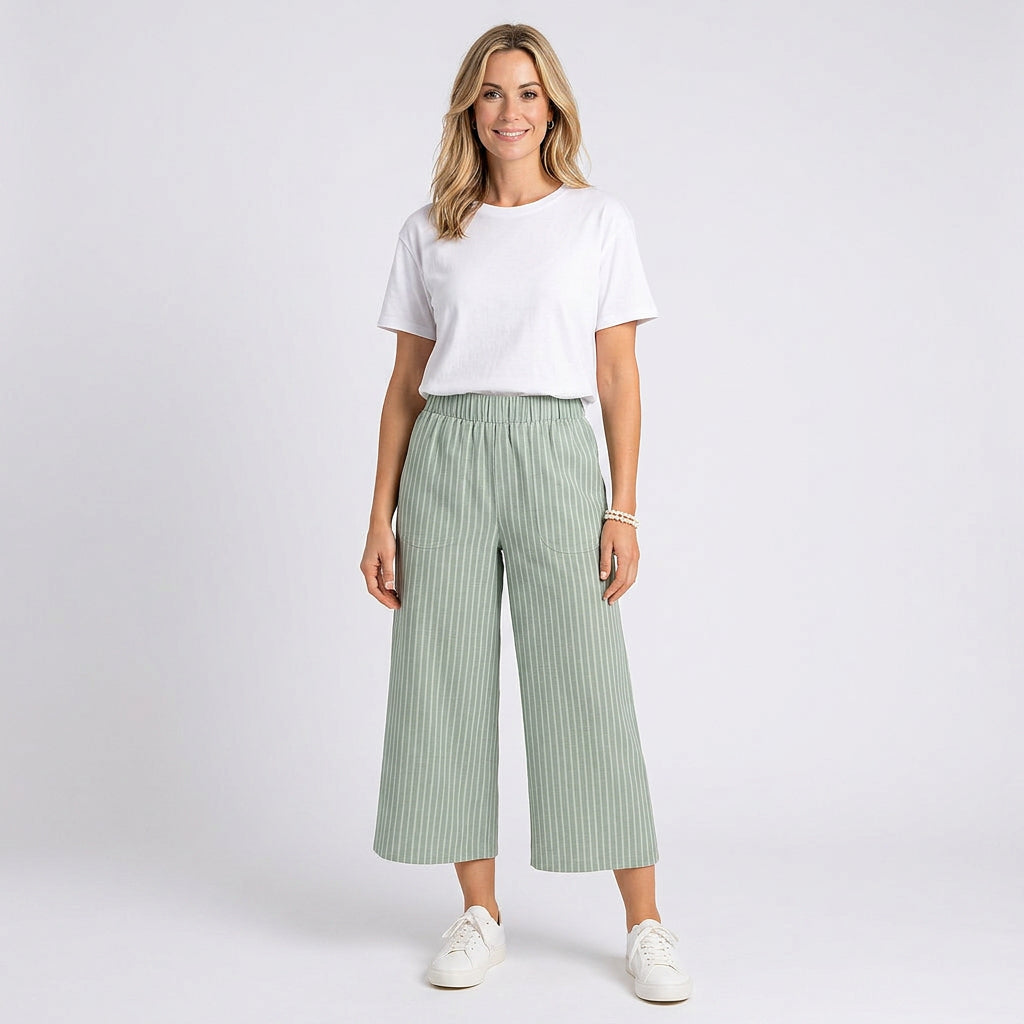 Women’s Striped Cropped Trousers Elastic Waist Relaxed Fit