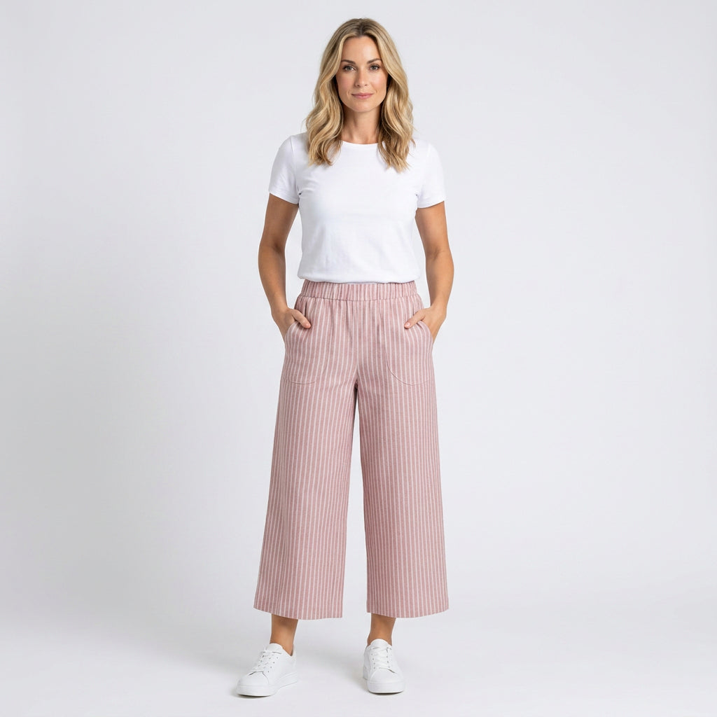 Women’s Striped Cropped Trousers Elastic Waist Relaxed Fit