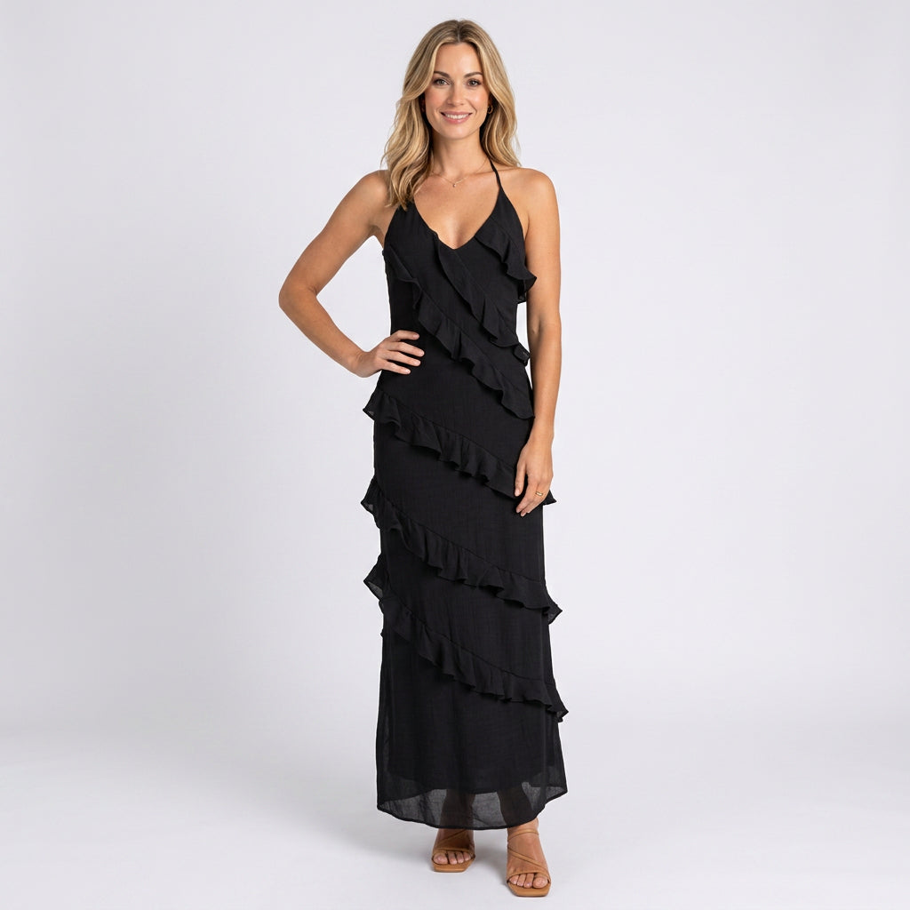 Women’s Ruffle Maxi Dress Halter Neck Flowing Fit