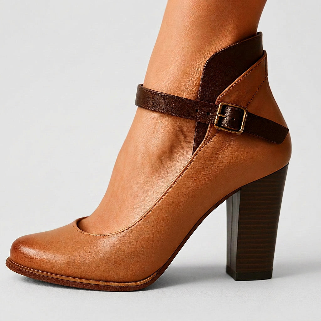 Women’s Strap Block Heel Pumps Round Toe Elegant Fit
