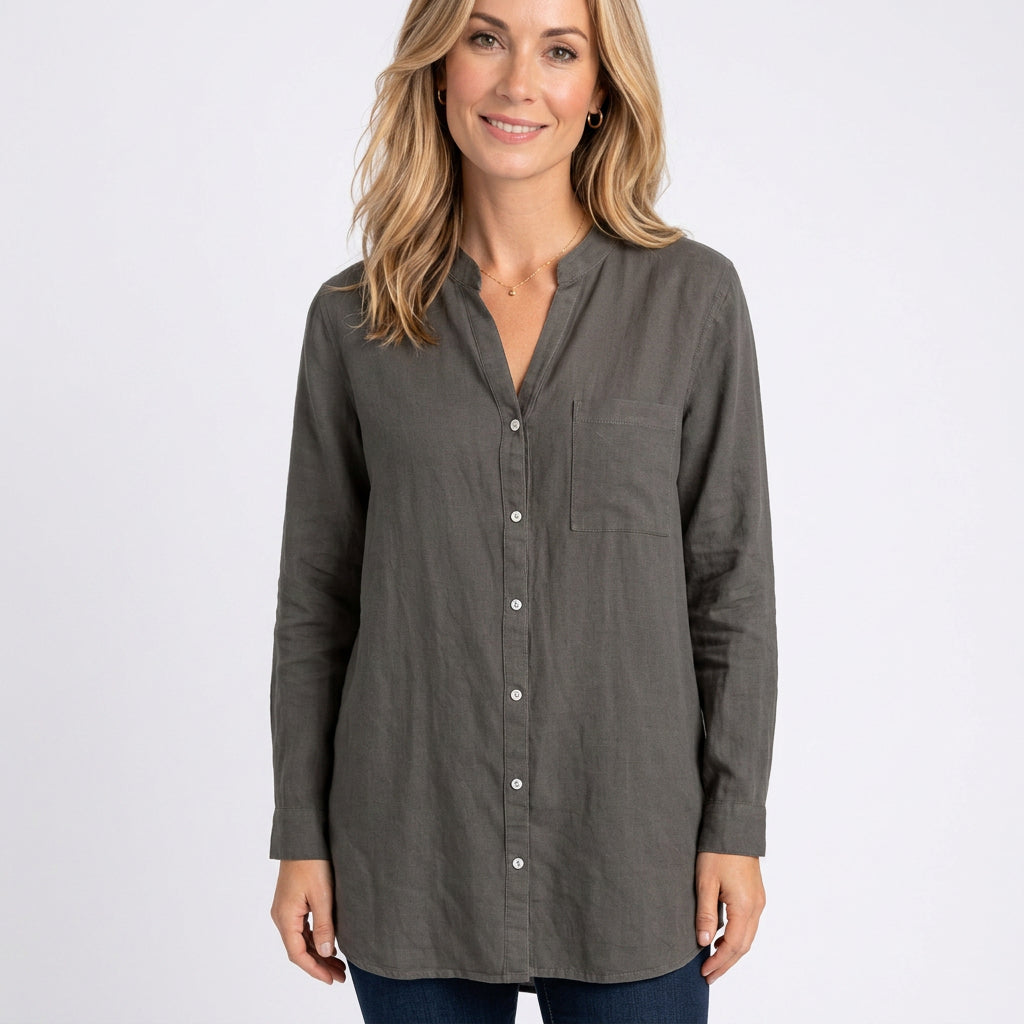 Women’s Button Front Blouse Stand Collar Relaxed Fit