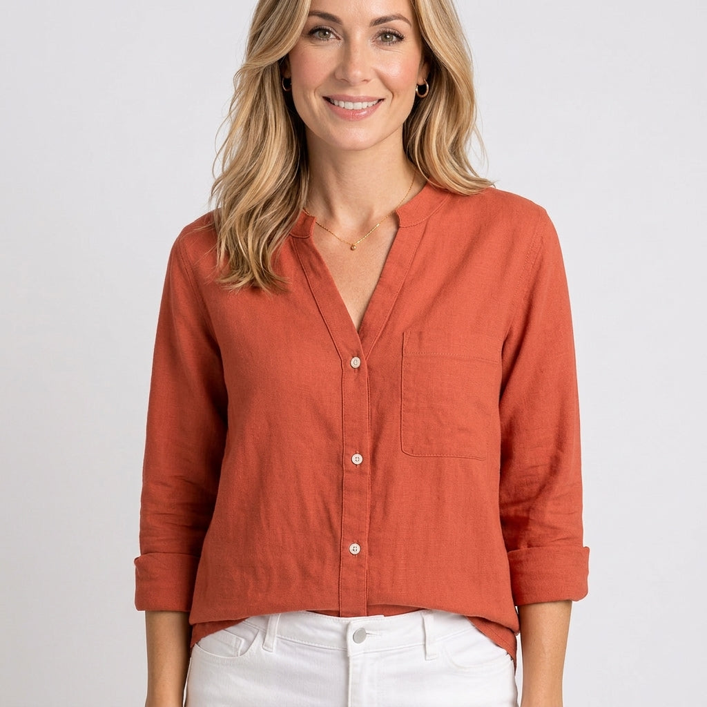 Women’s Button Front Blouse Stand Collar Relaxed Fit