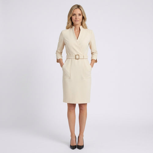 Women Belted Long Sleeve Midi Dress - Tailored Formal Office Dress