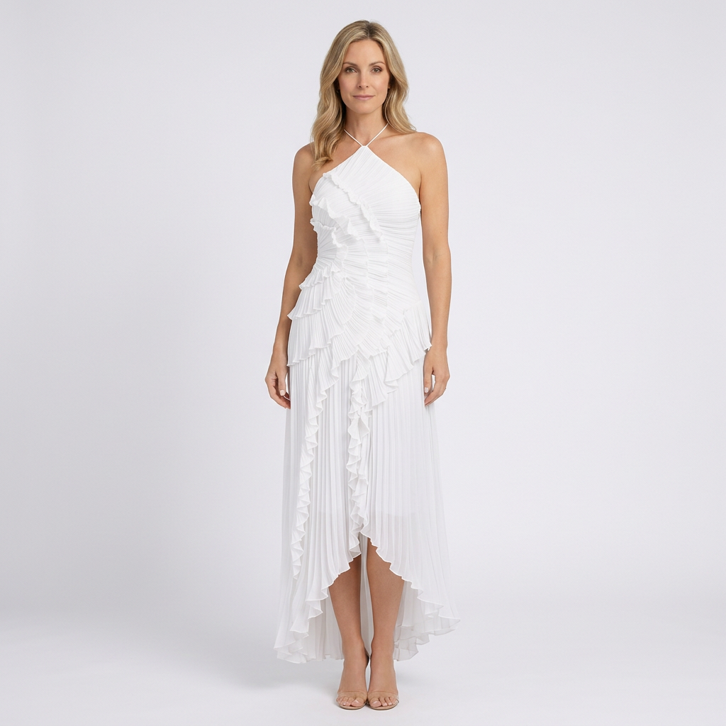 Women’s Pleated Halter Neck Maxi Dress – Ruffle High Low Evening Dress