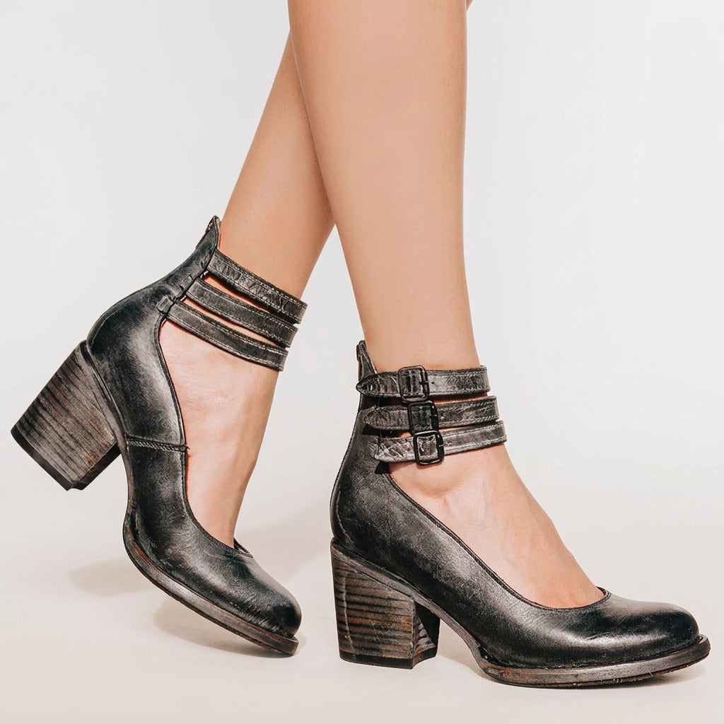 Women Cut Out Ankle Boots Block Heel Buckle Detail