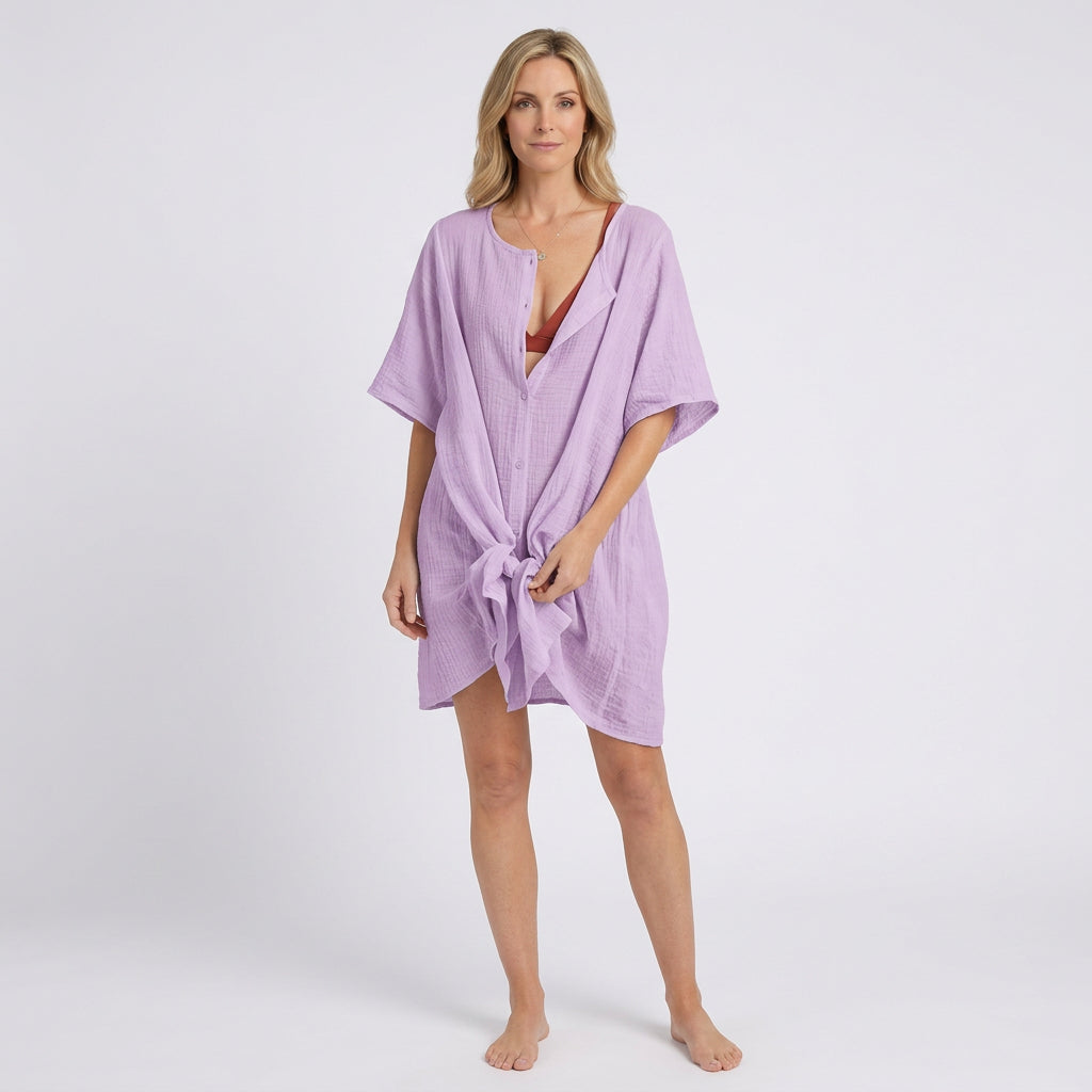 Women Beach Cover Up Short Sleeve Tie Front Casual Holiday