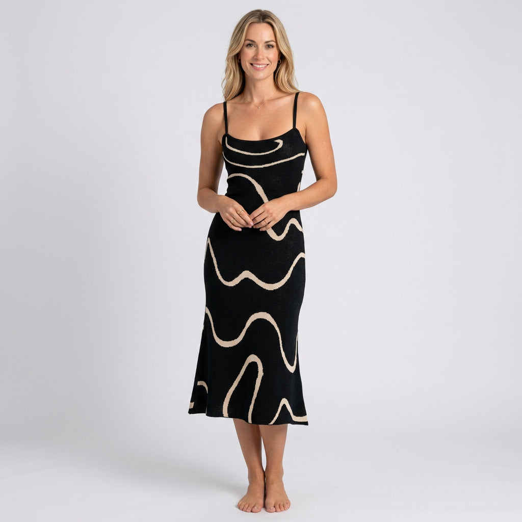 Women’s Abstract Knit Midi Dress Strappy Fitted Silhouette