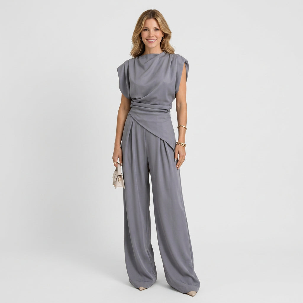 Women Two Piece Set Draped Sleeveless Top Wide Leg Pants Occasion