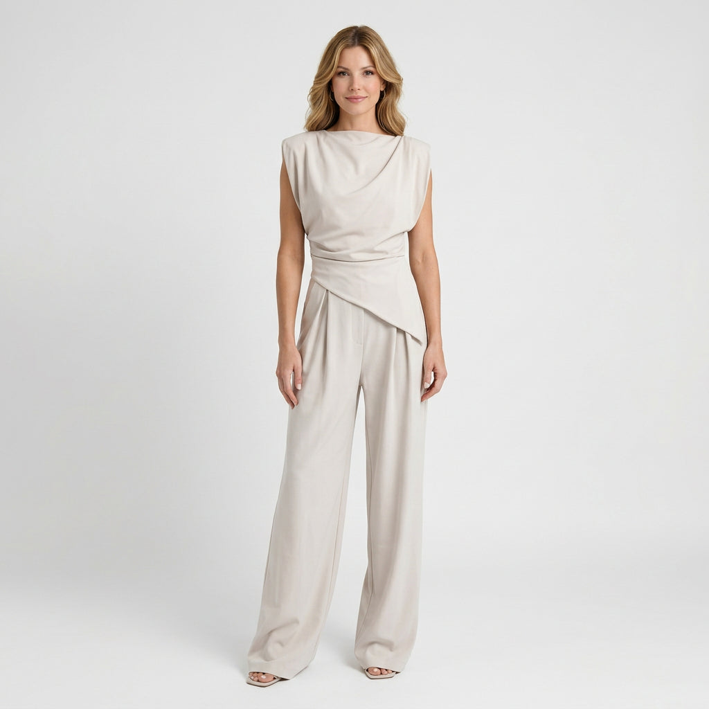 Women Two Piece Set Draped Sleeveless Top Wide Leg Pants Occasion