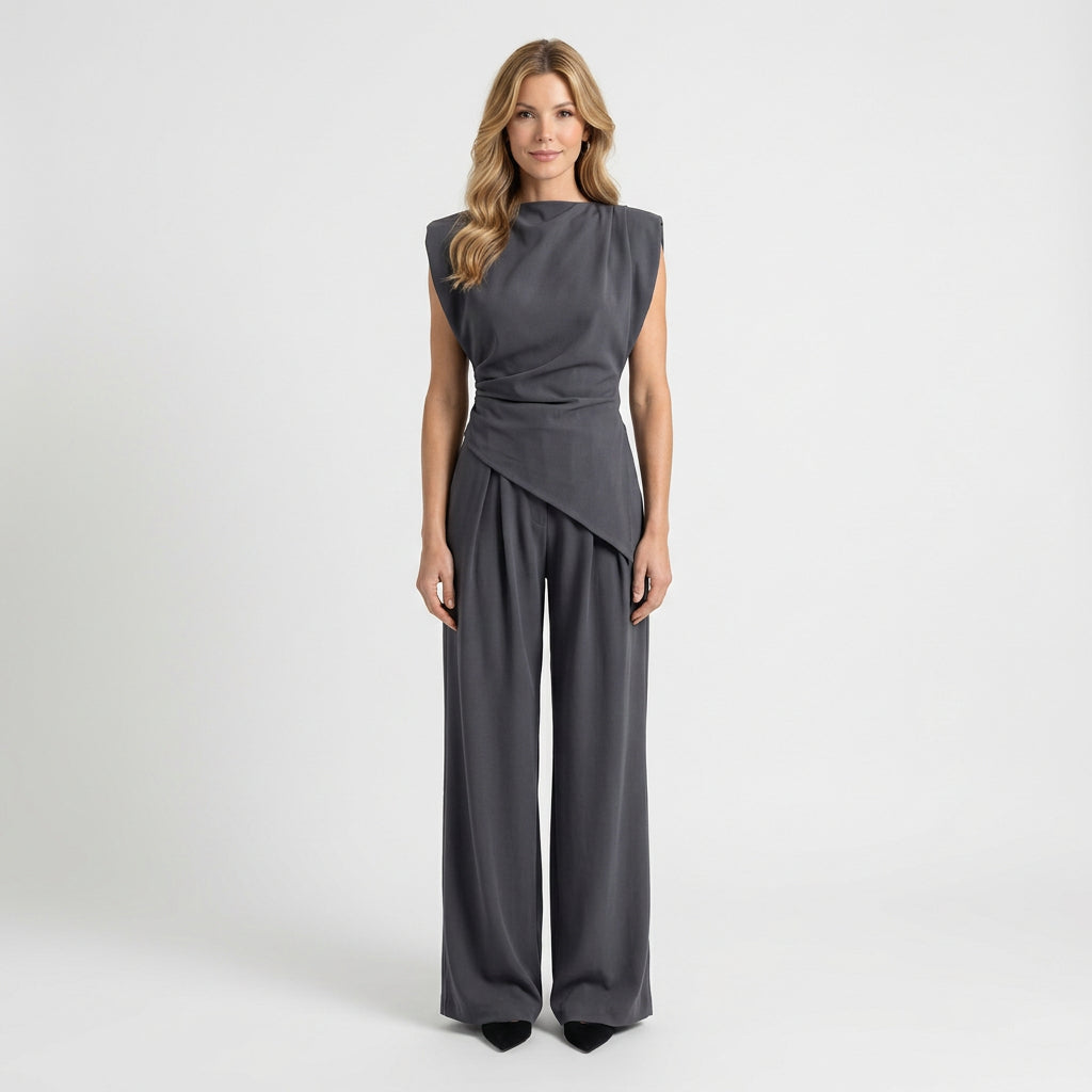Women Two Piece Set Draped Sleeveless Top Wide Leg Pants Occasion