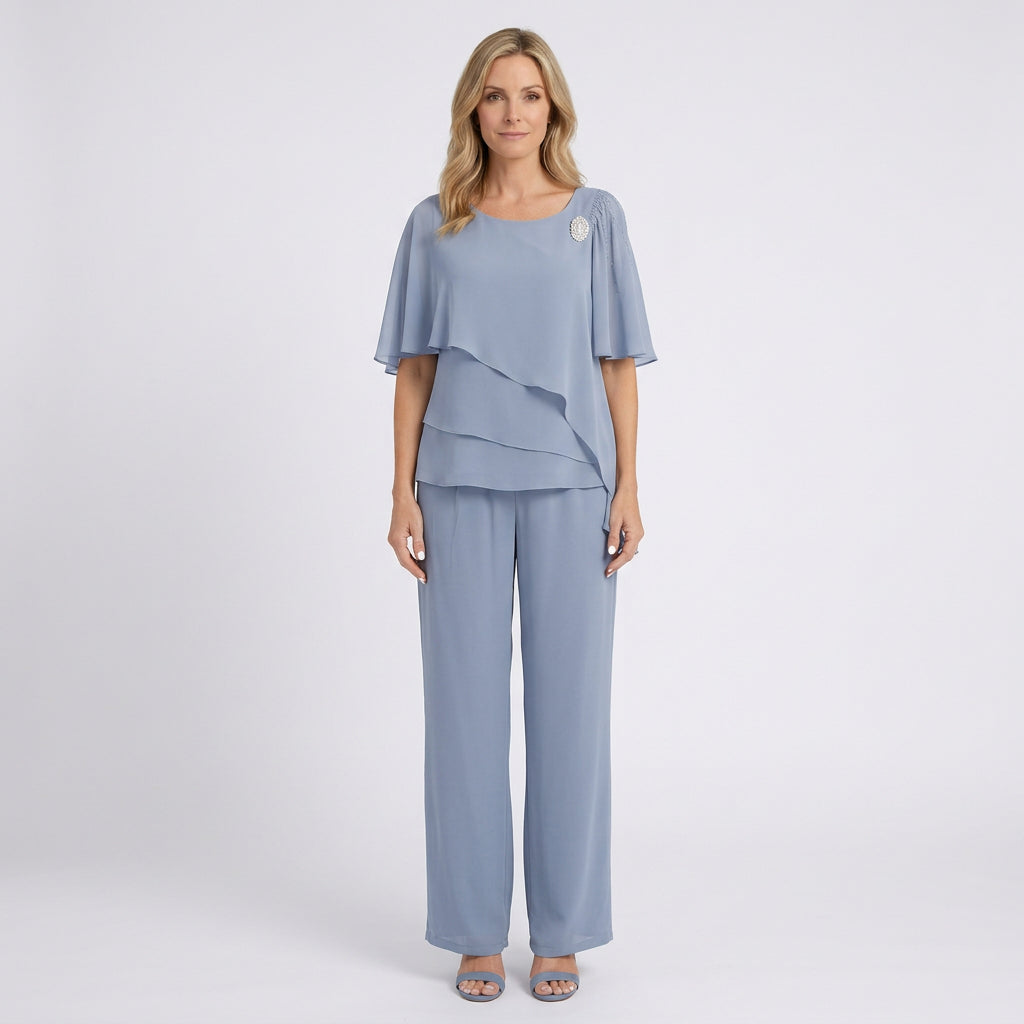 Women Two Piece Chiffon Set Layered Top and Straight Leg Pants - Formal Outfit