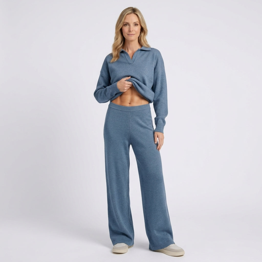 Women Knit Two Piece Set Long Sleeve Wide Leg Pants Casual Everyday