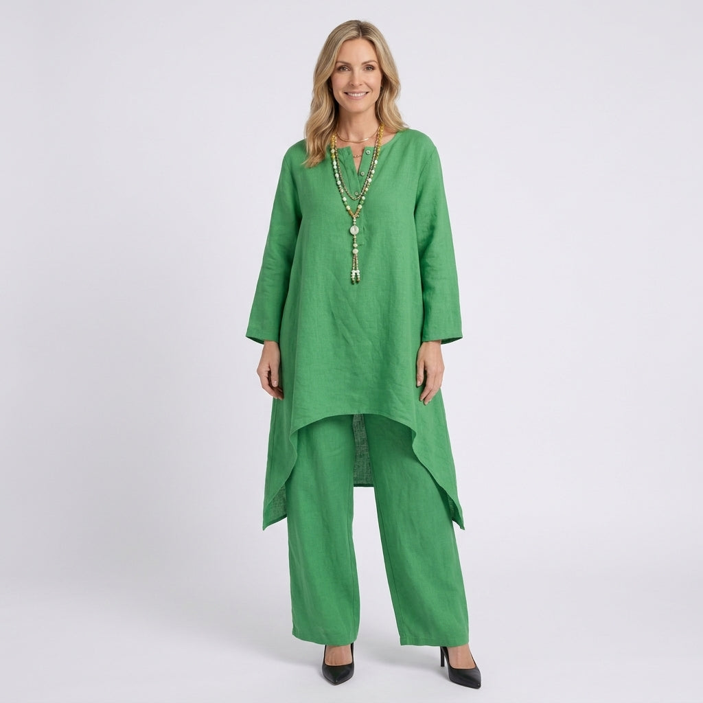 Women Two Piece Linen Set Long Tunic Top and Relaxed Pants Casual Everyday