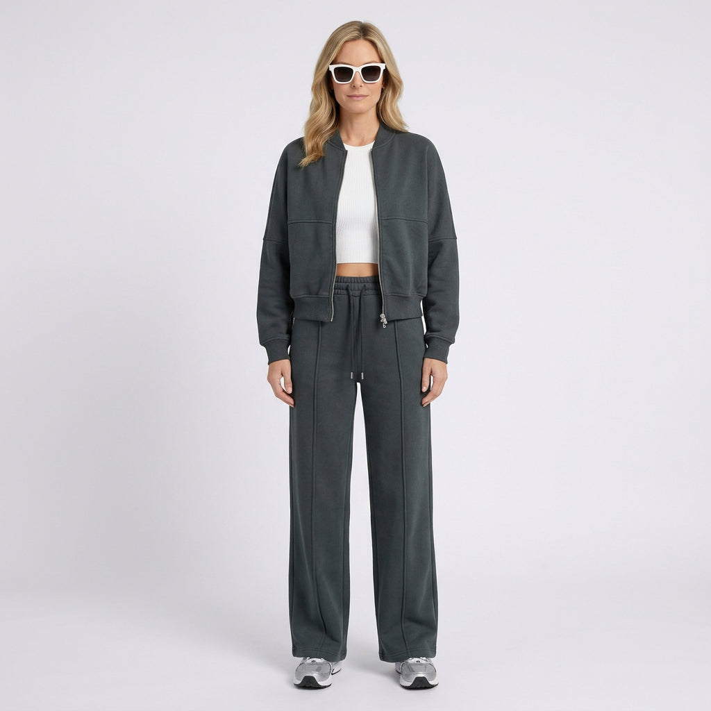 Women Two Piece Zip Jacket Straight Leg Pants Casual Everyday