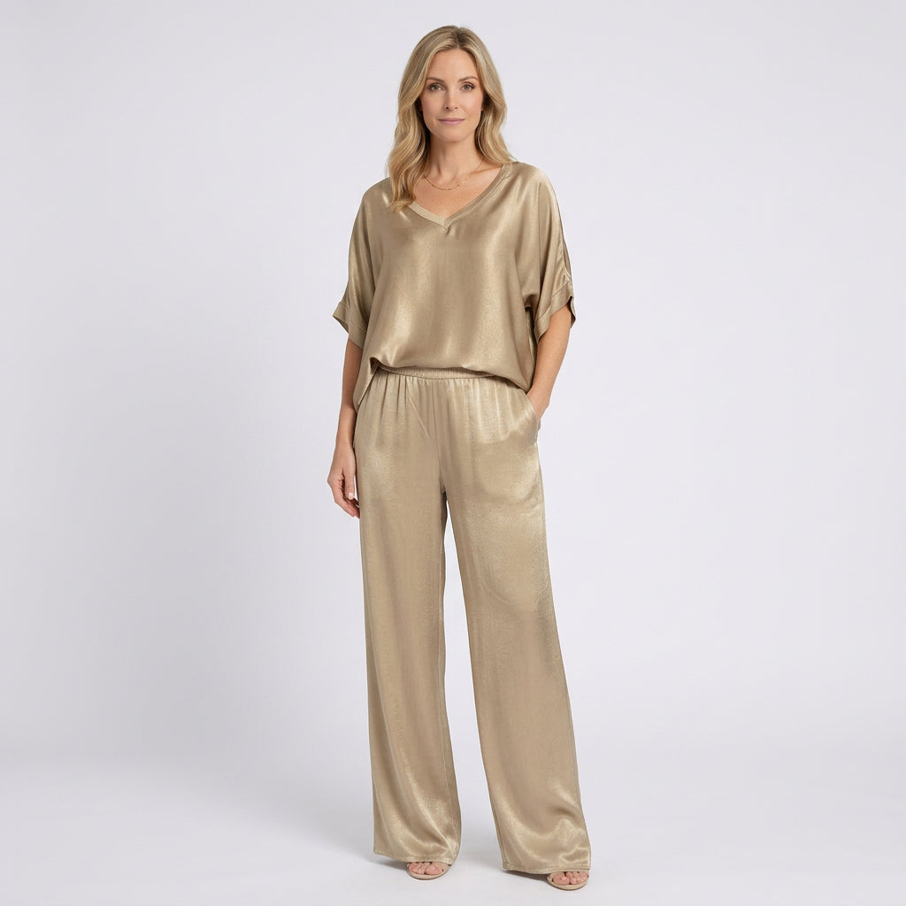 Women Satin Two Piece Set V Neck Wide Leg Pants - Matching Co Ord Set