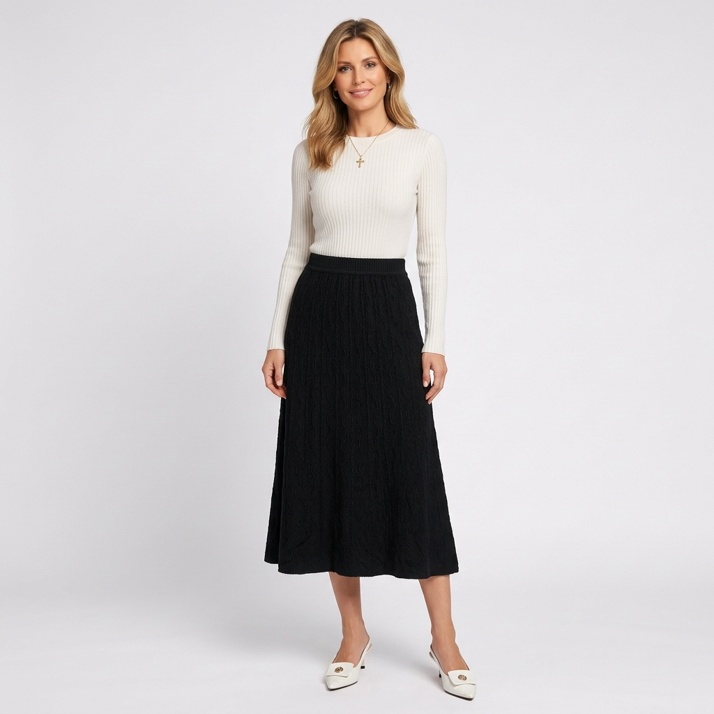 Women’s Knitted A Line Midi Skirt – Cable Knit Long Skirt