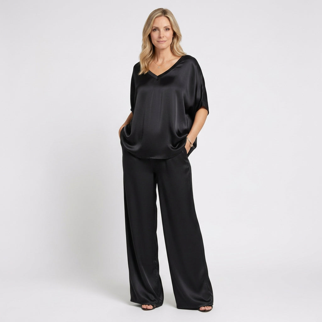 Women Satin Two Piece Set V Neck Wide Leg Pants - Matching Co Ord Set