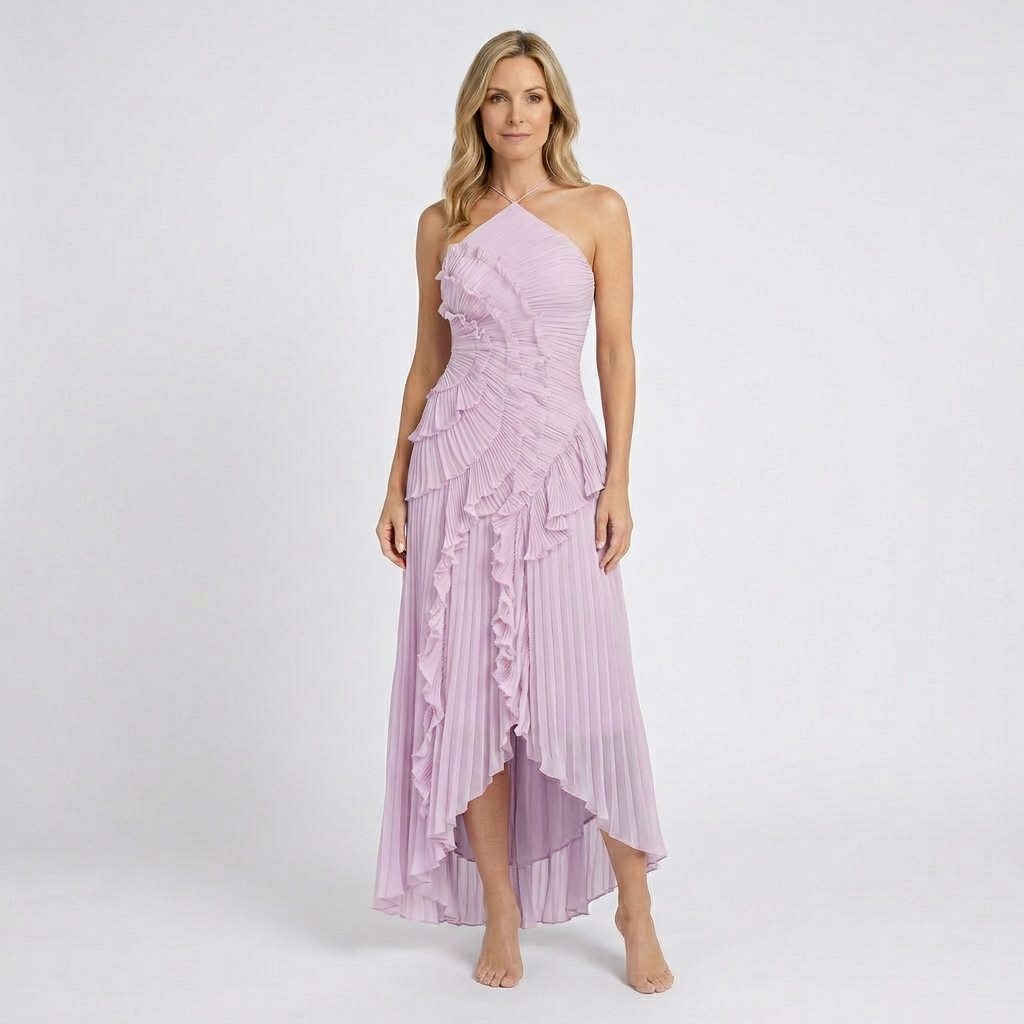 Women’s Pleated Halter Neck Maxi Dress – Ruffle High Low Evening Dress
