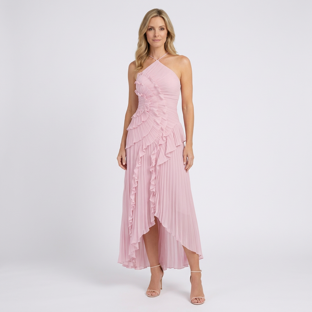 Women’s Pleated Halter Neck Maxi Dress – Ruffle High Low Evening Dress
